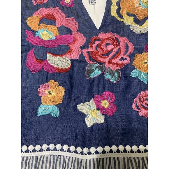 Savanna Jane Embroidered Blue Striped Dress Large Sheath Knee Length Boho Hippie - Picture 7 of 8